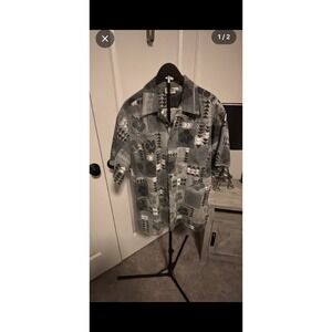 Ron Jon Surf Shop  XL Aloha Hawaiian Shirt Gray Floral Short Sleeve Button Up